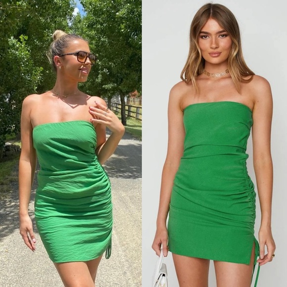 SNDYS X MOLLY KING Green Strapless Ruched Tie Side‎ Slit Sleeveless Mini Dress 6 - Picture 10 of 16